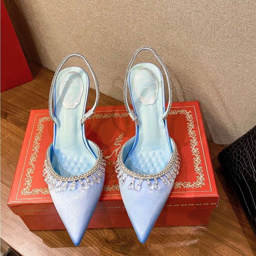 Light Blue Satin Pointed Slingback Heels with Crystal Teardrop Trim
